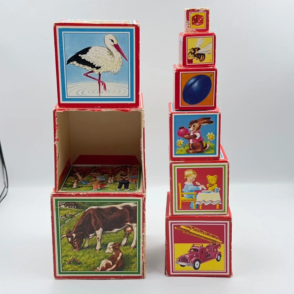 Vintage Mid Century Nesting Stacking Blocks Cardboard Animal Illustrations 9pc‎